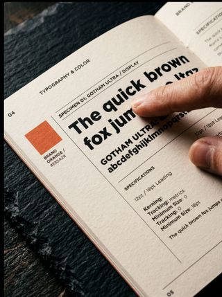 Hand flipping through a brand guidelines booklet showing typography and colour specifications on a dark slate surface