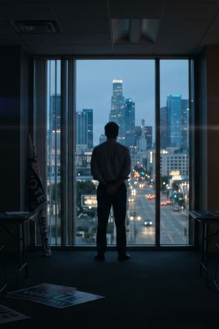 Man silhouetted against floor-to-ceiling windows overlooking a city at dusk